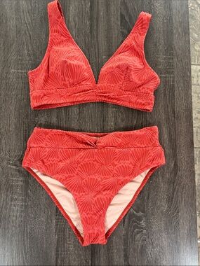 Cupshe Orange/Red Textured Shell-Print High-Waist Bikini Set